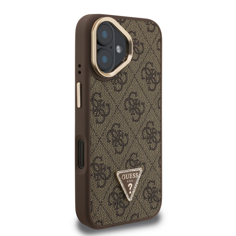 Guess PU 4G Strass háromszög logó állvány kamera keret MagSafe hátlapi borító iPhone 16 barna barna