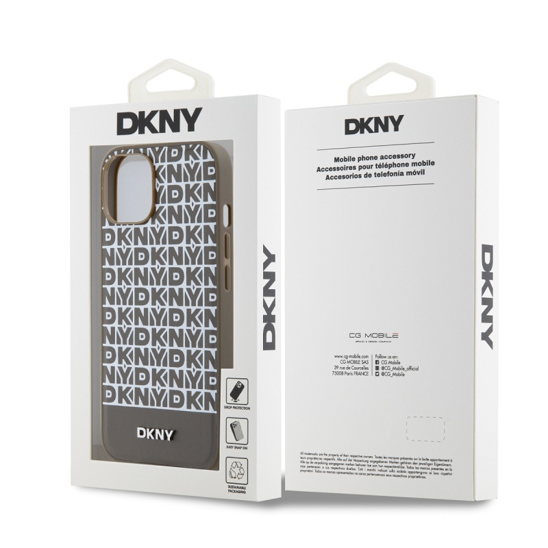 DKNY PU bőr ismétlődő mintás alsó csíkos MagSafe hátlap iPhone 15 barna 15-hez barna