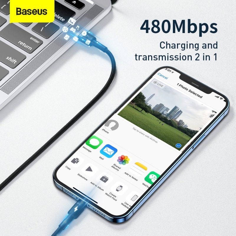 Baseus Cafule adatkábel USB-C - világítás 20W 1m szürke/fekete