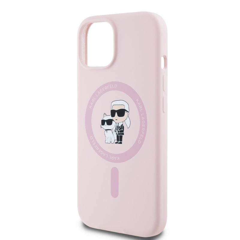Karl Lagerfeld Folyékony szilikon Karl és Choupette Magsafe hátlap iPhone 15 rózsaszínű készülékhez