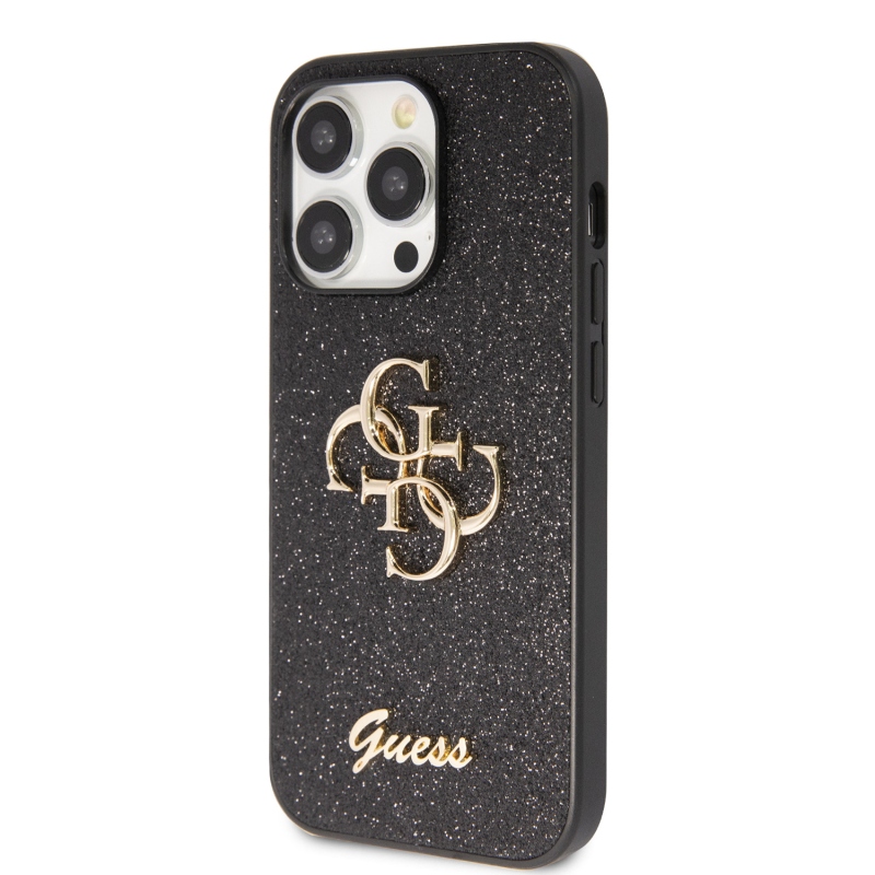 Guess PU Fixed Glitter 4G fém logó hátlap iPhone 15 Pro Max-hoz fekete
