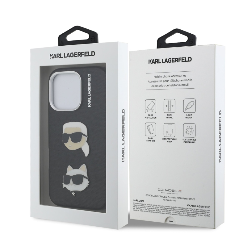 Karl Lagerfeld szemcsés PU K&CH Heads hátlap iPhone 16 Pro Max-hoz Fekete