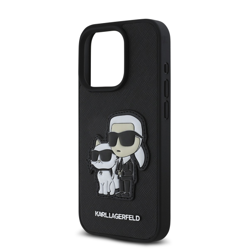 Karl Lagerfeld PU Saffiano Karl és Choupette hátlap iPhone 15 Pro Max-hoz Fekete