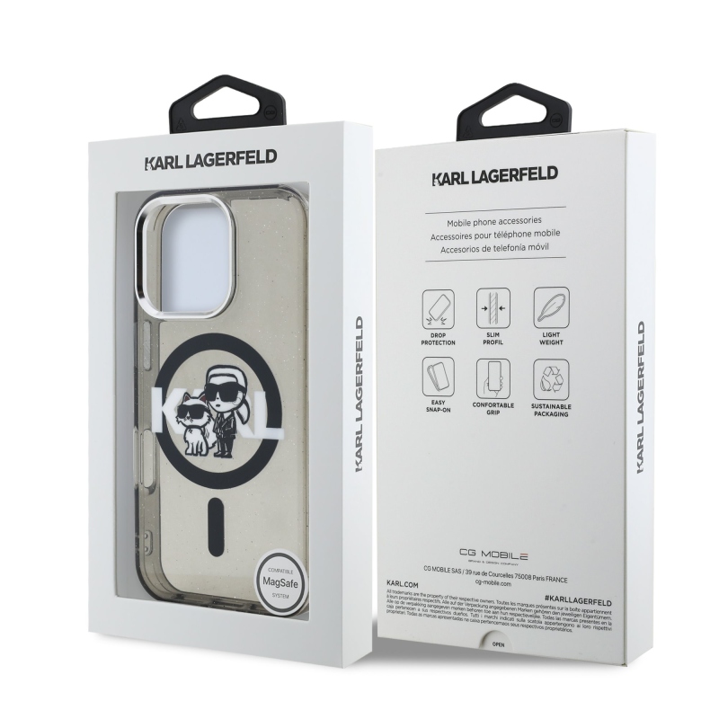 Karl Lagerfeld IML Glitter Karl és Choupette Sketch MagSafe hátlapi borító iPhone 16 Pro-hoz Fekete