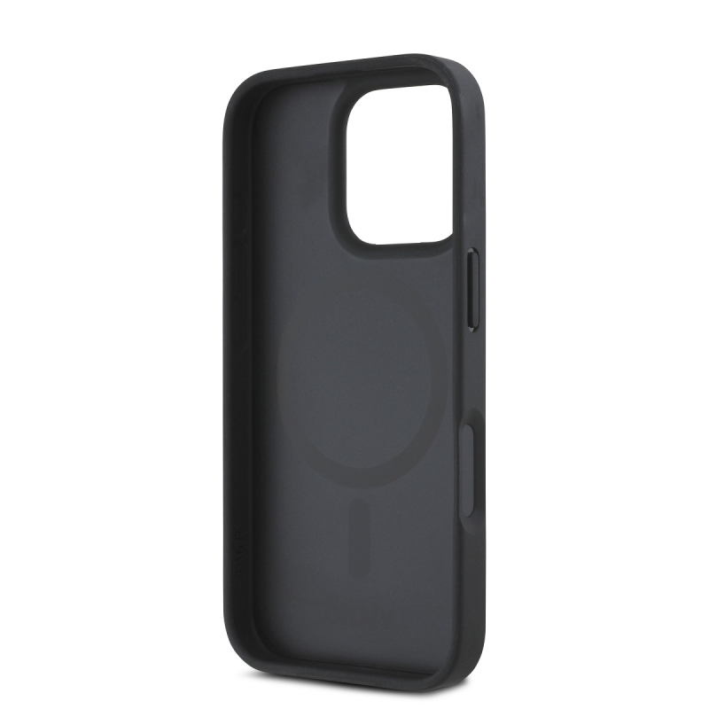DKNY PU bőr Ismétlődő mintás Stack Logo MagSafe hátlap iPhone 16 Pro Fekete