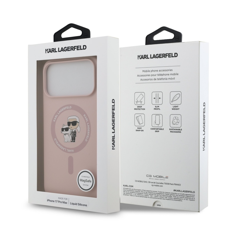 Karl Lagerfeld folyékony szilikon Karl és Choupette MagSafe hátlapi borító iPhone 17 Pro Max rózsaszínhez
