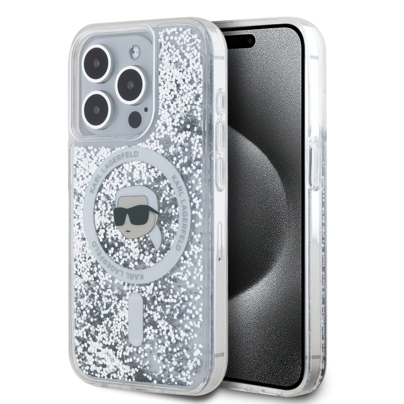Karl Lagerfeld Liquid Glitter Karl Head Karl Head MagSafe hátlap iPhone 15 Pro-hoz Átlátszó