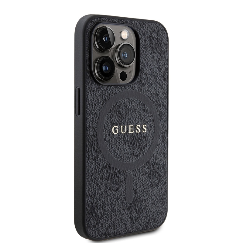 Guess PU bőr 4G színes gyűrűs MagSafe hátlap iPhone 15 Pro Fekete