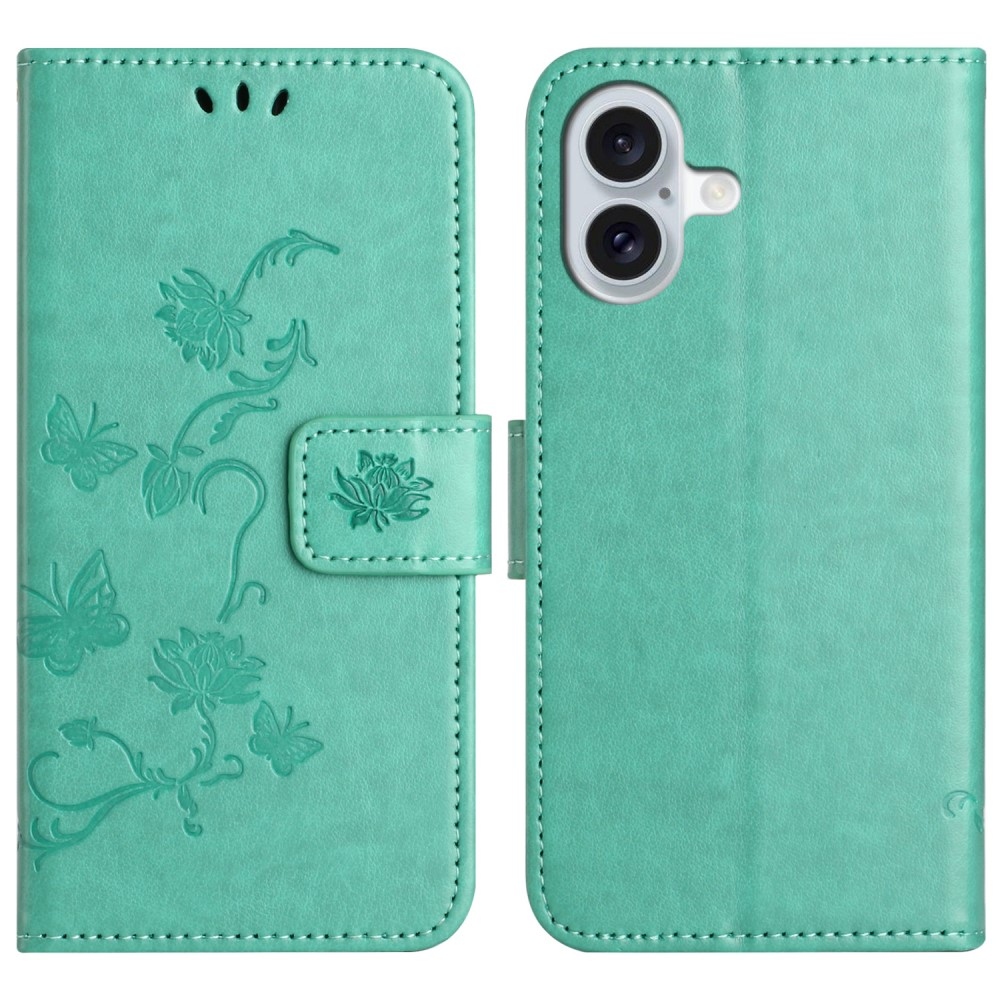 Virágos könyvtáska iPhone 16 Plus készülékhez - teal színű