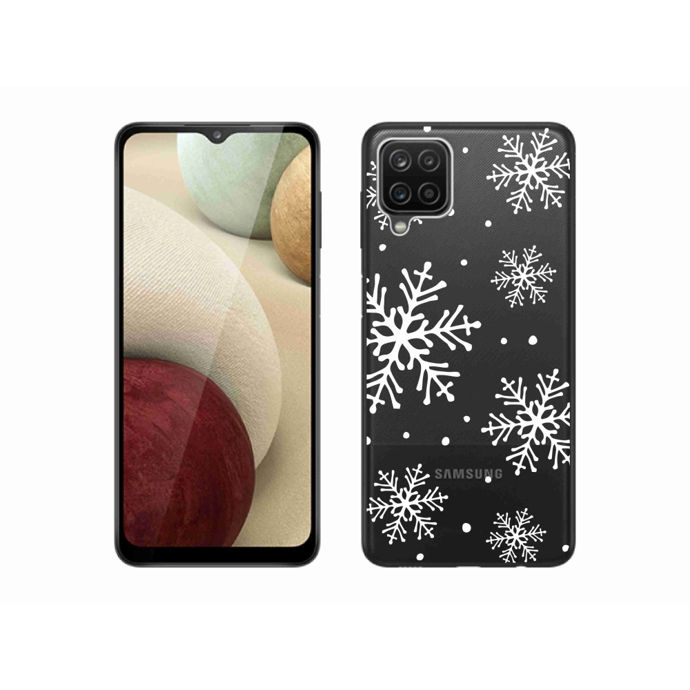Zselés borítás mmCase Samsung Galaxy M12 készülékhez - fehér pelyhek átlátszó háttéren
