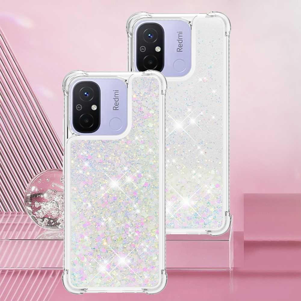 Csillogó homokóra zselés tok Xiaomi Redmi 12C - rózsaszín/ezüst/szív