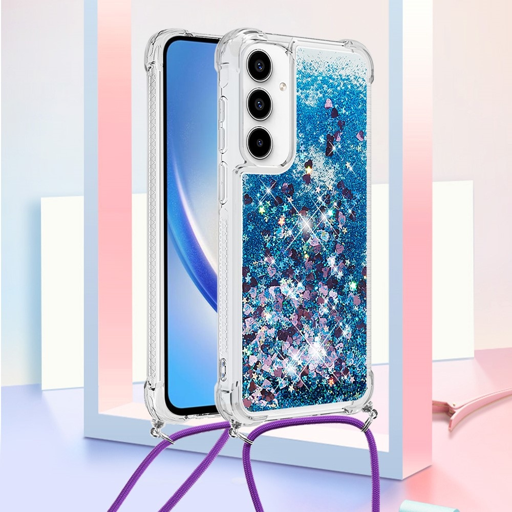 Csillogó homokóra zselés tok húzózsinórral Samsung Galaxy A56 5G - kék/szív