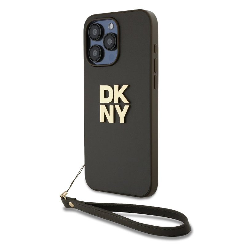 DKNY PU bőr Stack Logo csuklópánt hátlapi borító iPhone 14 Pro Max-hoz barna barna