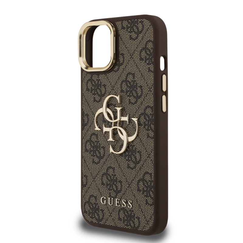 Guess PU 4G fém logó állvány kamera keret hátlap iPhone 15 barna barna