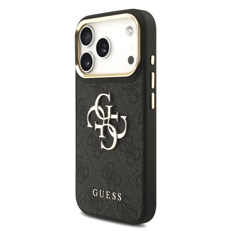 Guess PU bőr 4G fém logó arany keret hátlap iPhone 17 Pro fekete