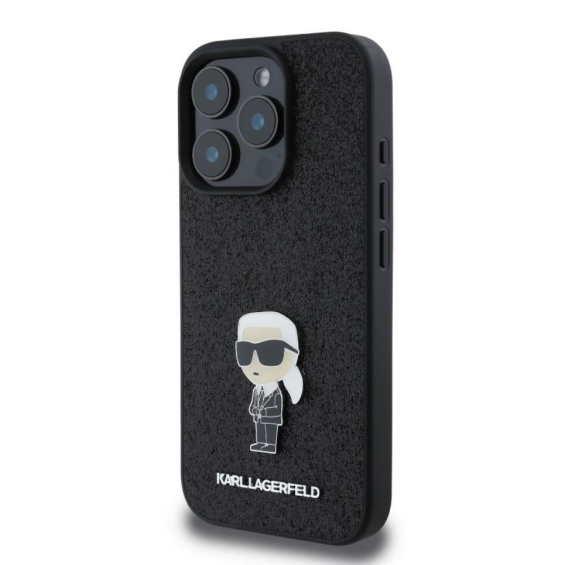 Karl Lagerfeld Fixed Glitter Metal Ikonik hátlap iPhone 16 Pro Fekete