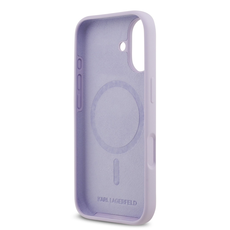 Karl Lagerfeld folyékony szilikon Karl és Choupette MagSafe hátlapi borító iPhone 17 lilára