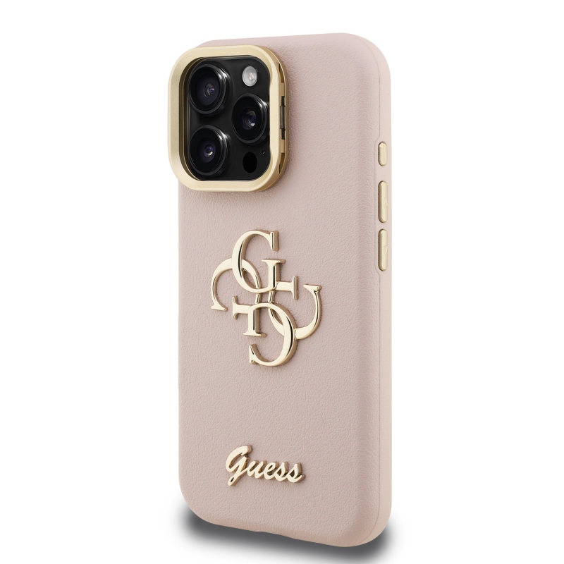 Guess PU szemcsés 4G logós állvány kamerakeret hátlap iPhone 16 Pro Max rózsaszínű iPhone 16 Pro Max-hoz