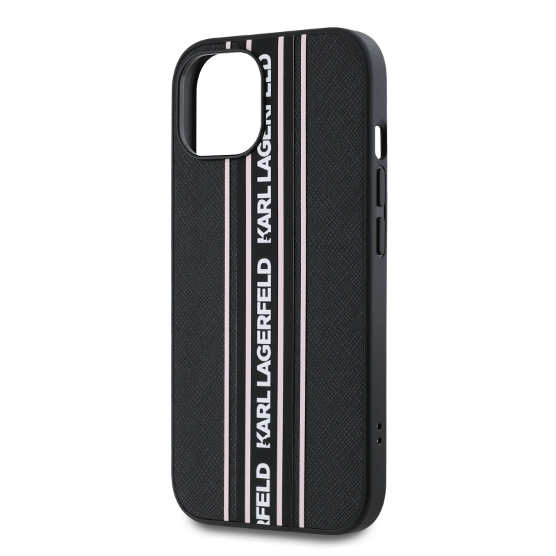 Karl Lagerfeld PU Saffiano Athleisure csíkos és pántos hátlapi borító iPhone 15 rózsaszínű készülékhez