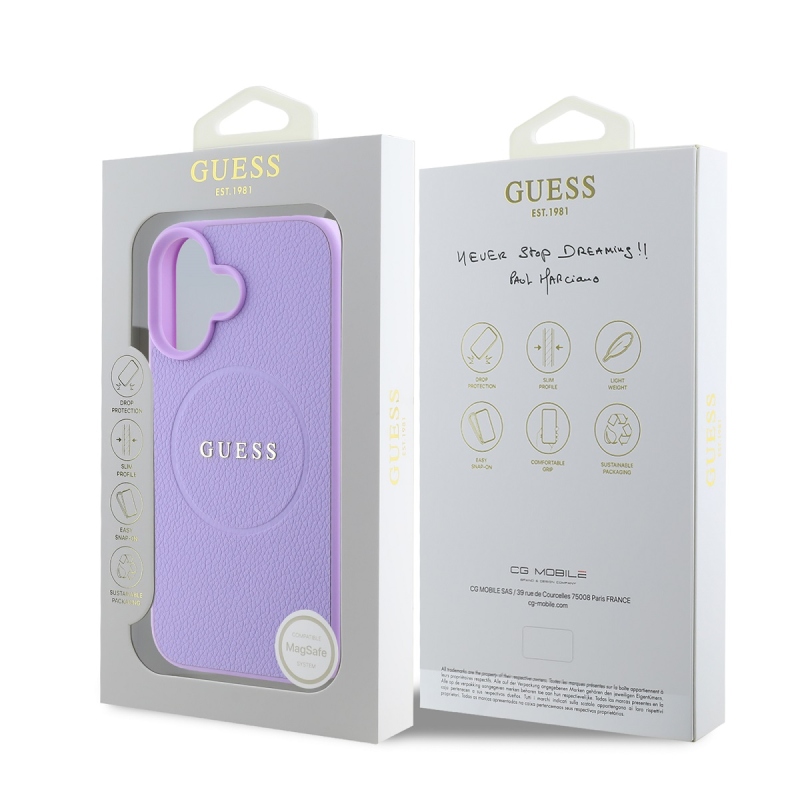 Guess PU szemcsés klasszikus logós MagSafe hátlap iPhone 16-hoz Lila