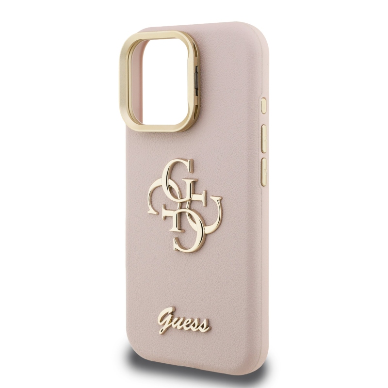 Guess PU szemcsés 4G logós állvány kamerakeret hátlap iPhone 16 Pro Max rózsaszínű iPhone 16 Pro Max-hoz