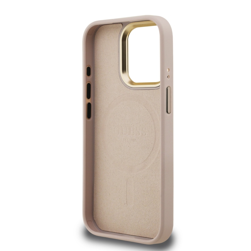 Guess PU 4G Strass háromszög logó állvány kamerakeret MagSafe hátlapi borító iPhone 15 Pro Max rózsaszínhez
