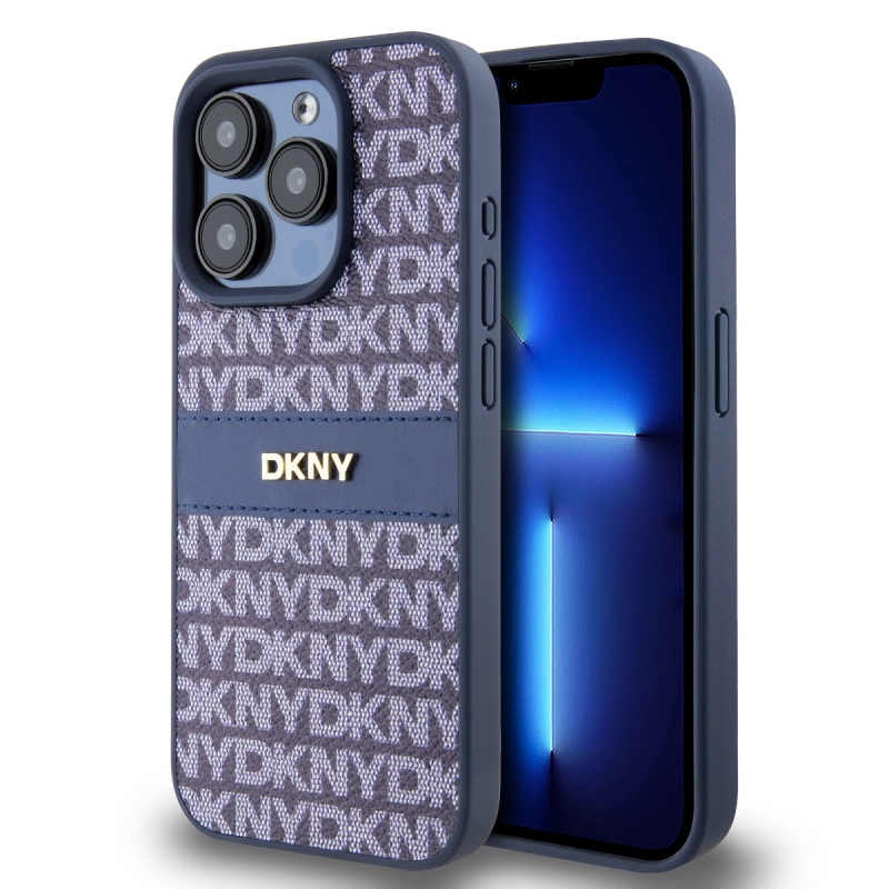 DKNY PU bőr ismétlődő mintás tonális csíkos hátlapi borító iPhone 14 Pro Max kékhez