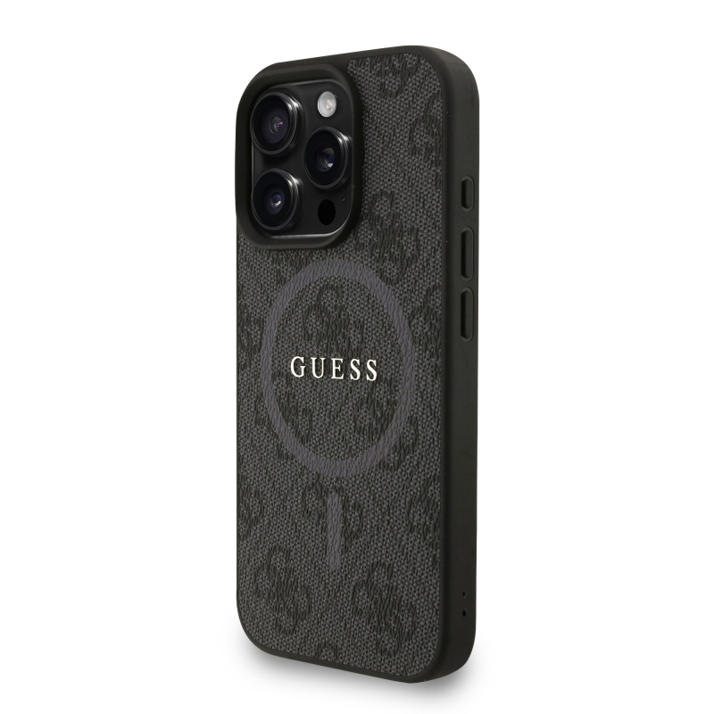 Guess PU bőr 4G színes gyűrűs pánt MagSafe hátsó borító iPhone 16 Pro Fekete