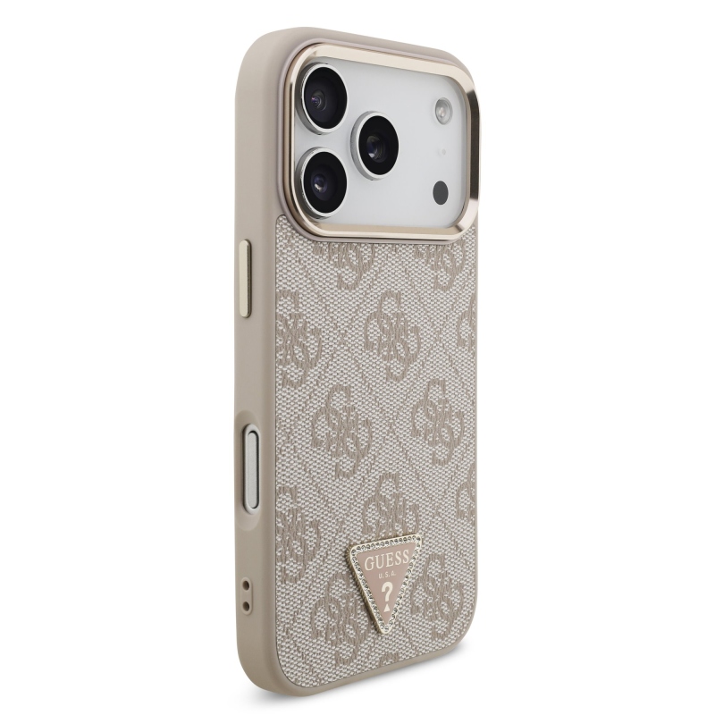 Guess PU bőr 4G Strass háromszög logó arany keret MagSafe hátlap iPhone 17 Pro rózsaszínű borítóhoz