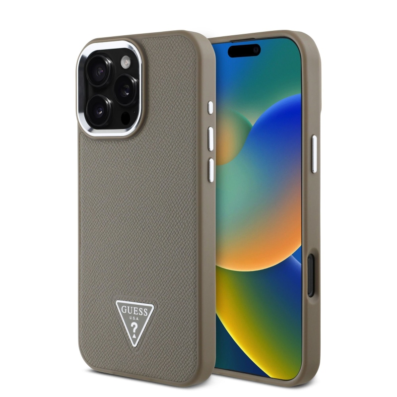 Guess PU szemcsés, háromszög alakú logós hátlap iPhone 16 Pro barna színű készülékhez