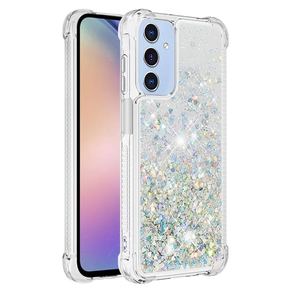 Csillogó zselés homokóra tok Samsung Galaxy A15 4G/5G - ezüst/szív