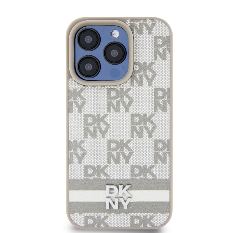 DKNY PU bőr kockás mintás és csíkos hátlapi borító iPhone 14 Pro bézs színű készülékhez