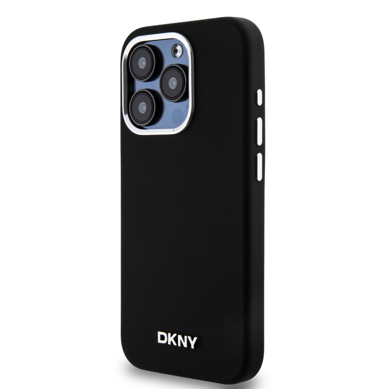 DKNY Liquid szilikon ezüst fém logó Magsafe hátlap iPhone 15 Pro Fekete