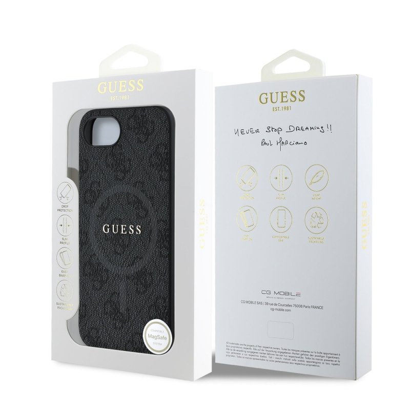 Guess PU bőr 4G színes gyűrűs MagSafe hátlap iPhone 16e Fekete