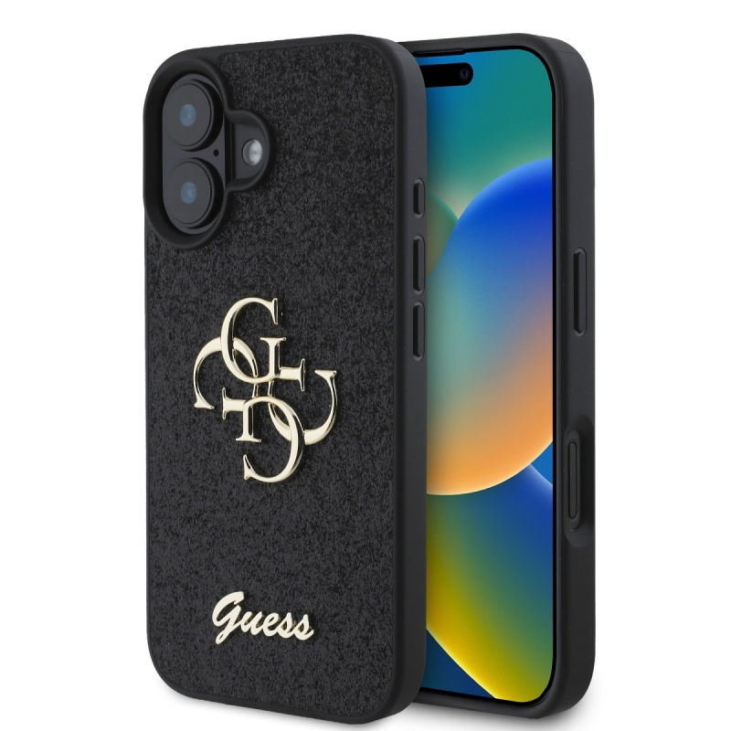 Guess PU Fixed Glitter 4G fém logó hátlap iPhone 16-hoz Fekete