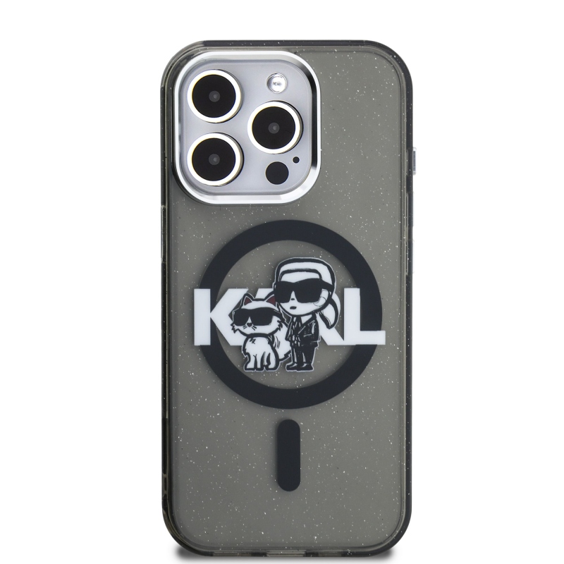 Karl Lagerfeld IML Glitter Karl és Choupette Sketch MagSafe hátlapi borító iPhone 15 Pro-hoz Fekete
