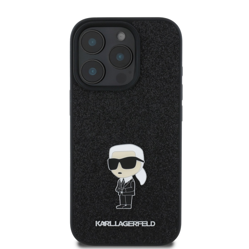 Karl Lagerfeld Fixed Glitter Metal Ikonik hátlap iPhone 16 Pro Fekete