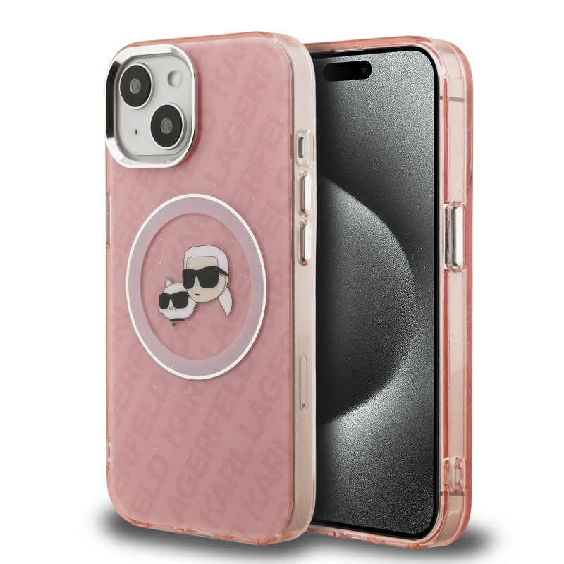 Karl Lagerfeld IML K&CH Heads Ismételt logó MagSafe hátlapi borító iPhone 15 rózsaszínhez