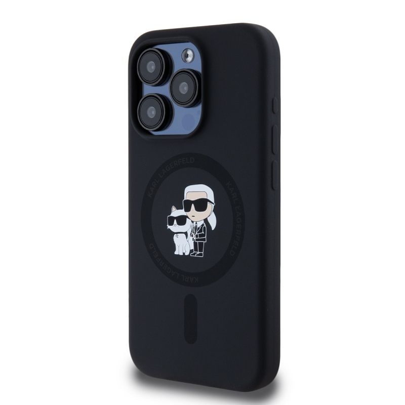 Karl Lagerfeld folyékony szilikon Karl és Choupette Magsafe hátlap iPhone 15 Pro fekete színűre