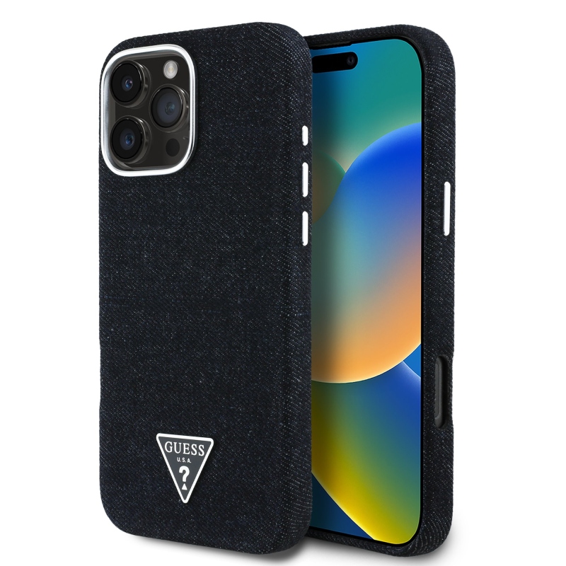 Guess Denim háromszög logóval ellátott MagSafe hátlap iPhone 16 Pro-hoz Fekete