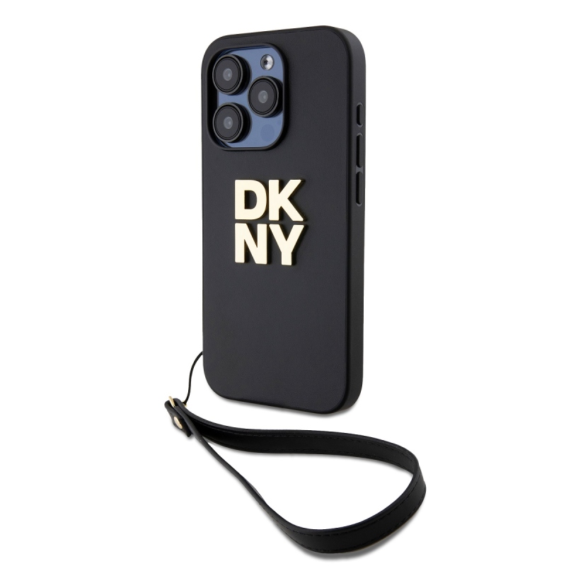 DKNY PU bőr Stack Logo csuklópánt hátlapi borító iPhone 14 Pro Fekete