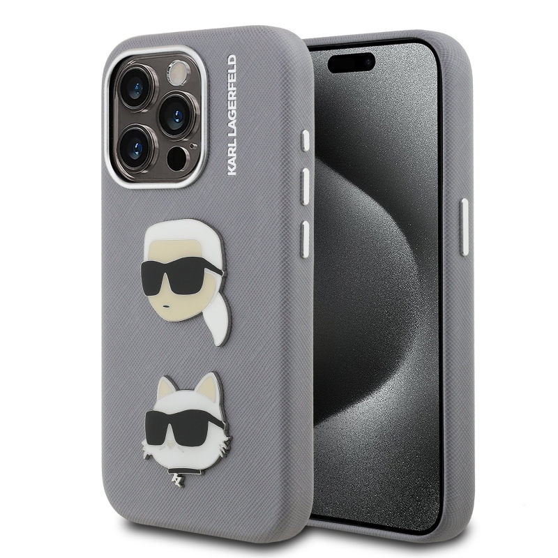 Karl Lagerfeld szemcsés PU K&CH Heads hátlap iPhone 15 Pro Max szürke