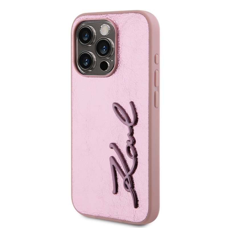 Karl Lagerfeld gyűrött PU aláírás logós hátlap iPhone 15 Pro Max rózsaszínű készülékhez