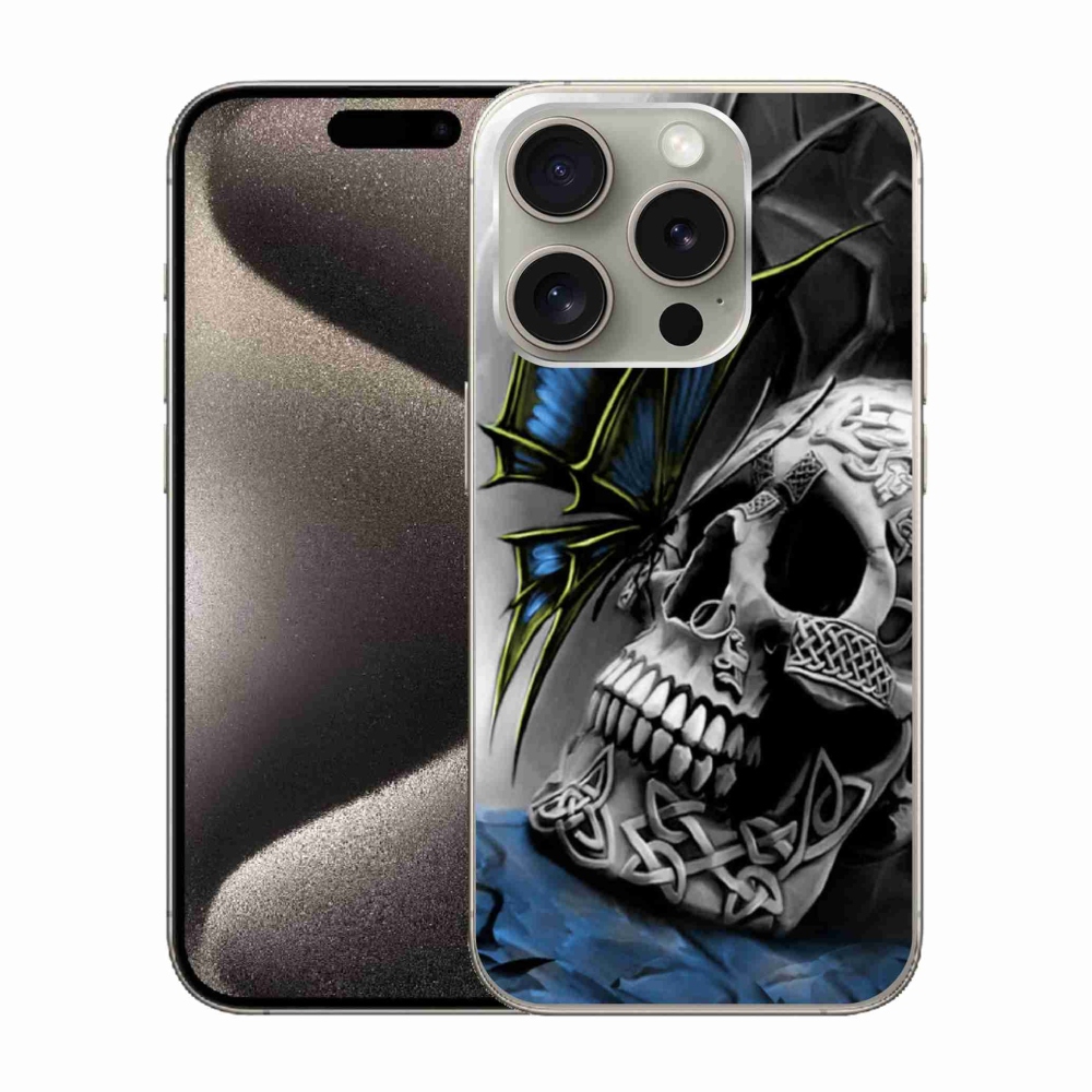 Gél borítás mmCase iPhone 15 Pro készülékhez - pillangó és koponya