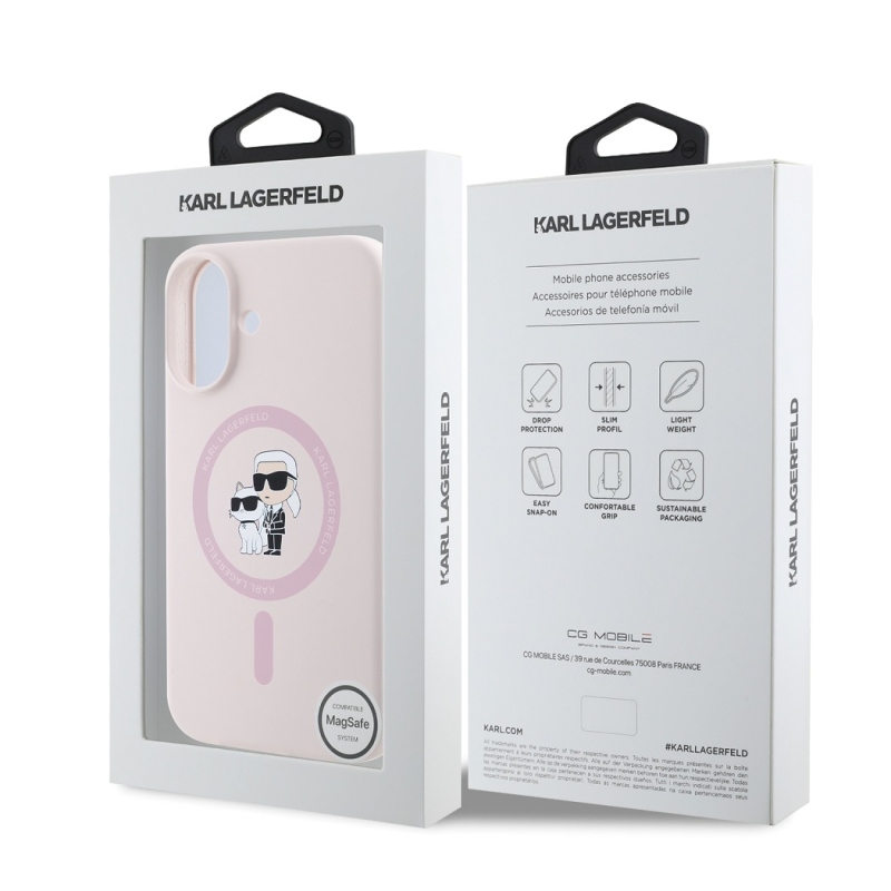 Karl Lagerfeld folyékony szilikon Karl és Choupette MagSafe hátlapi borító iPhone 16 rózsaszínhez