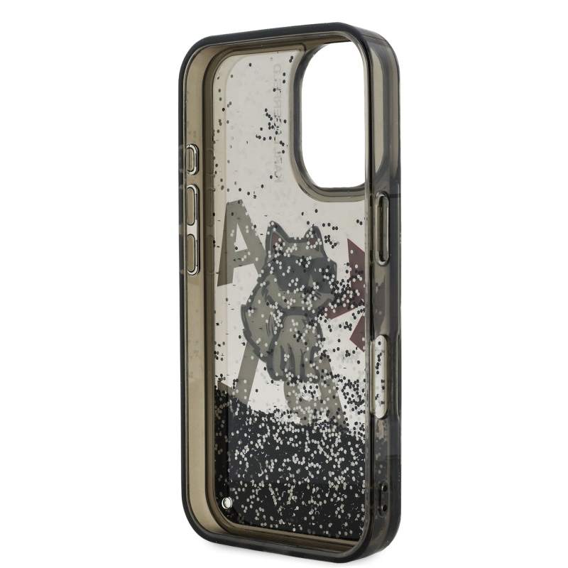 Karl Lagerfeld Folyékony csillámporos, szétszórt Choupette hátlap iPhone 16-hoz Fekete