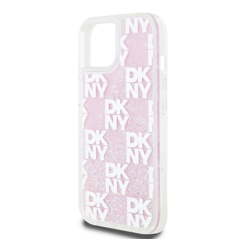 DKNY Liquid Glitter Checkered Pattern hátlapi borító iPhone 15 rózsaszínhez