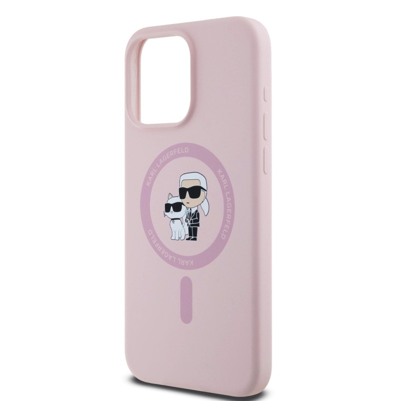 Karl Lagerfeld Folyékony szilikon Karl és Choupette Magsafe hátlap iPhone 15 Pro Max rózsaszínű készülékhez
