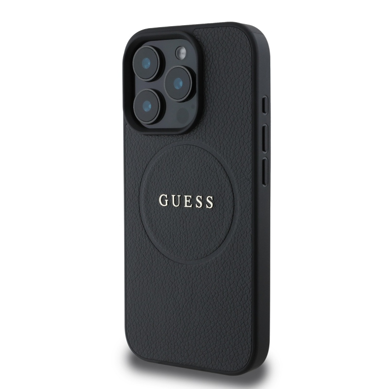 Guess PU szemcsés klasszikus logós MagSafe hátlap az iPhone 16 Pro-hoz Fekete
