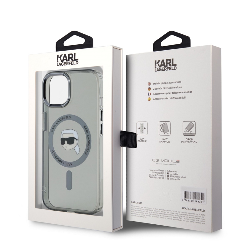 Karl Lagerfeld IML Karl Head fémkeret MagSafe hátlapi borító iPhone 15-hez Fekete
